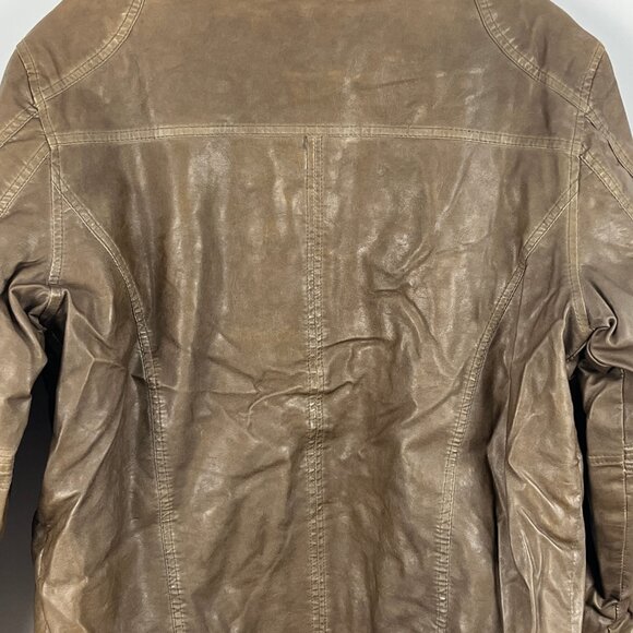 Point Zero Faux Leather Bomber Jacket Size S Brown Long Sleeve Band Collar Zip - Picture 8 of 9